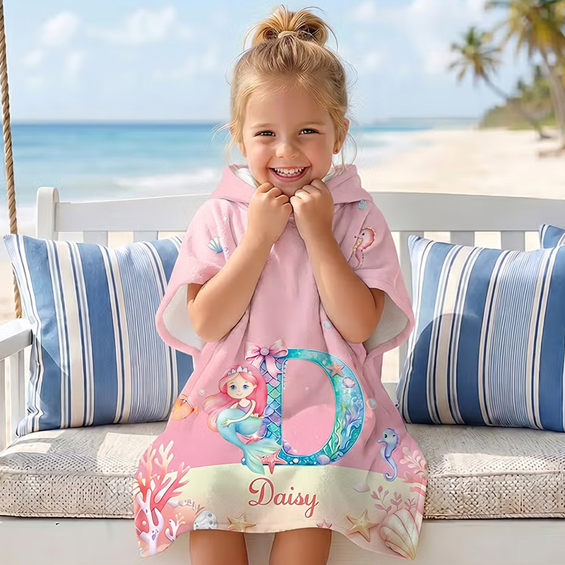 Personalized Dinosaur Mermaid Soft Kids Hooded Beach Towel with Name and Initial Beach Party Summer Vacation Birthday Gift for Boys Girls