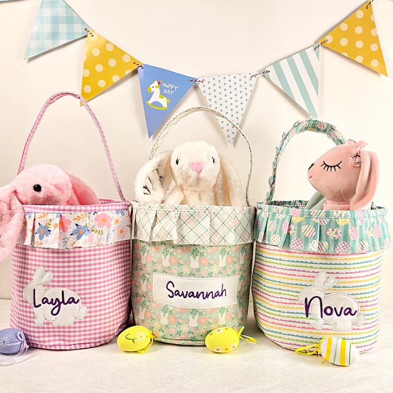 Personalized Unique Custom Name Adorable Rabbit Surrounded by Flowers Kids Holiday Treat Holder Easter Basket