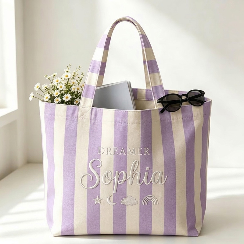 Personalized Dreamer Themed Pastel Stripe Design Canvas Tote Bag With Name Moon Star Cloud Rainbow Motifs Design 