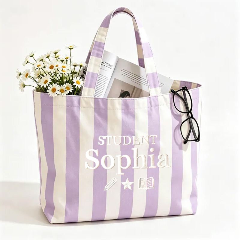 Personalized Embroidery Student Themed Pink Stripe Design Canvas Tote Bag With Name Motifs