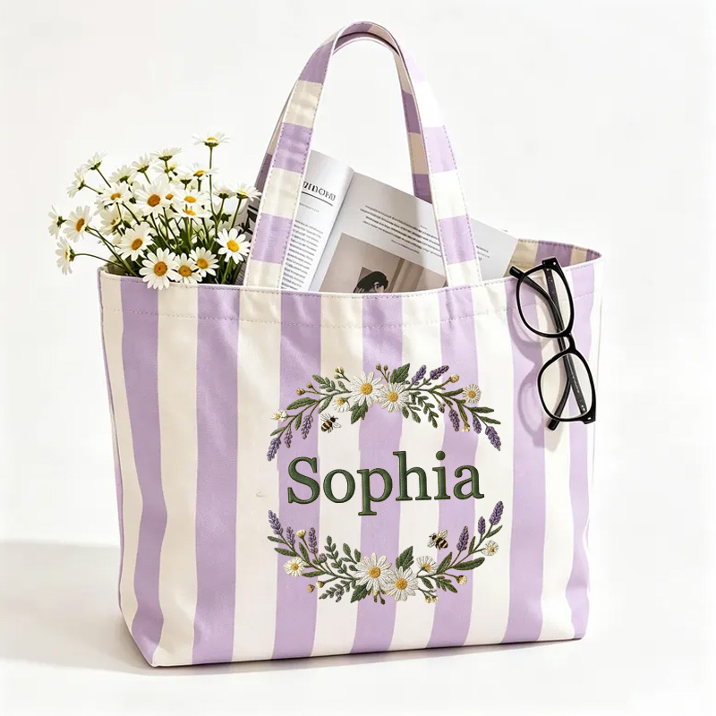 Personalized Embroidery Floral Wreath Themed Lavender Stripe Design Canvas Tote Bag With Name Rustic Botanical Pattern Gift for Girls