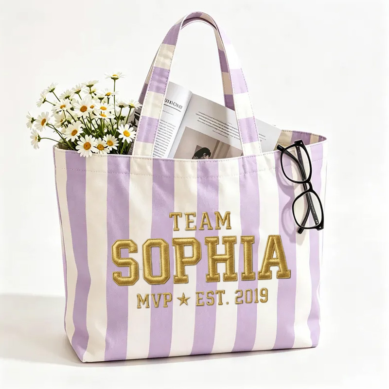 Personalized Embroidery Team Themed Neutral Stripe Design Canvas Tote Bag With Name MVP Est Year Sporty Varsity Style
