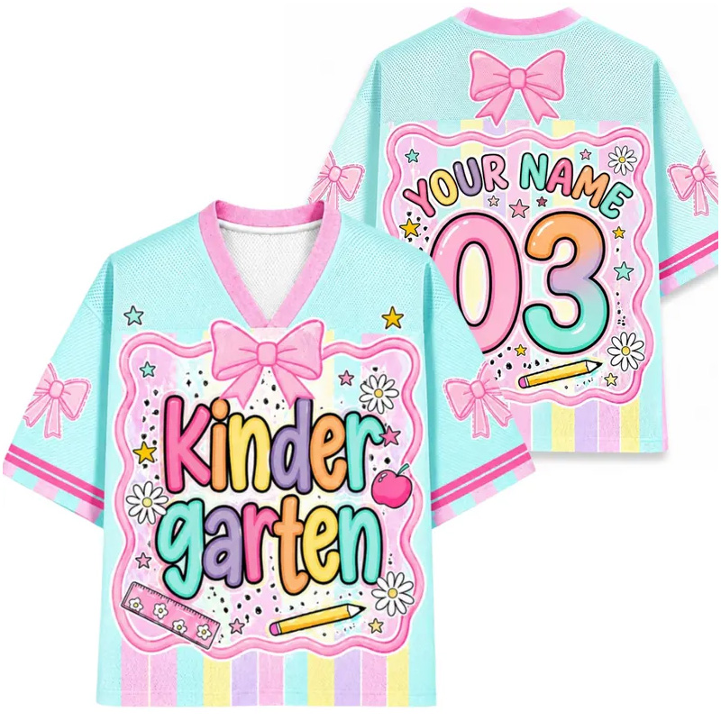 Personalized Grade Back To School Themed Kids Jersey Top Colorful Pastel Lettering Flowers Bows Rainbow Cute Outfit