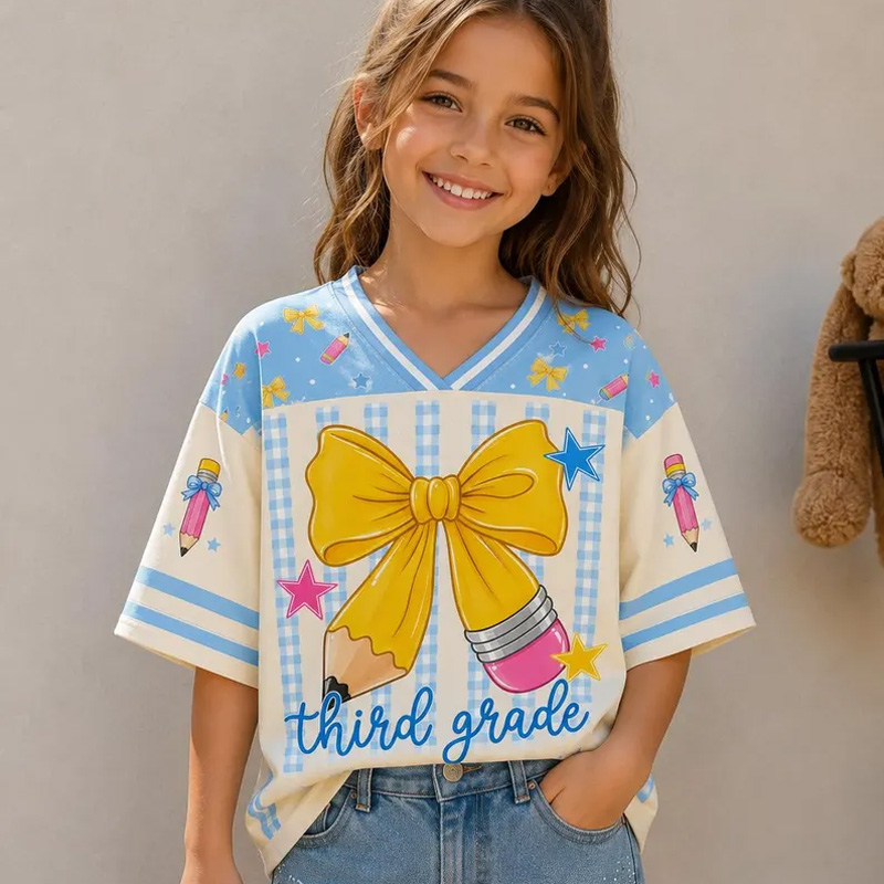 Personalized Grade Back To School Yellow Bow Kids Jersey Cute Pastel Stripes Stars Hearts Fun Classroom Outfit