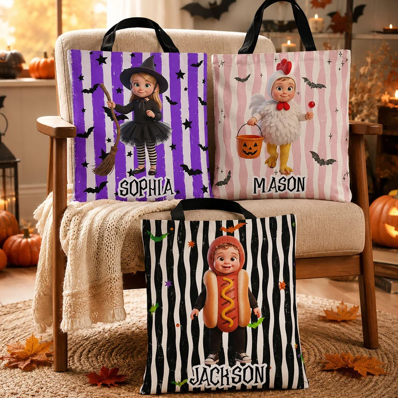 Personalized Tote Bag Kid Halloween Custom Cartoon Character Trick Or Treat