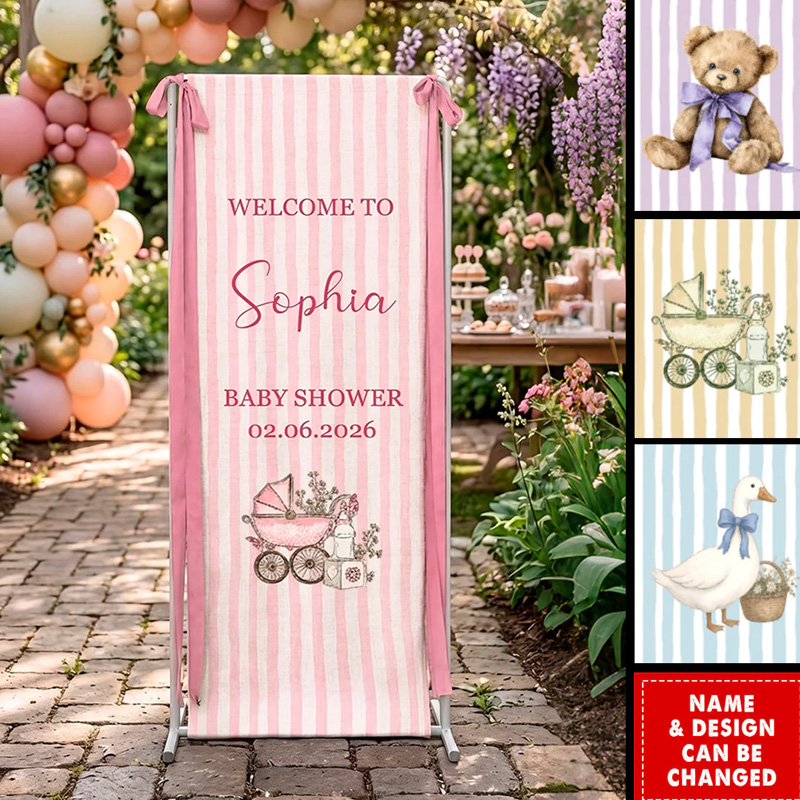 Personalized Baby Shower Banner With Custom Name Cute Bear Stroller Duck Options Pink Stripe Party Decor Welcome Sign