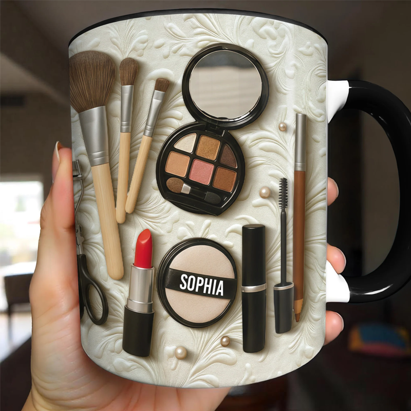 Personalized Capture the Beauty of Your Everyday Look Featuring Essential Makeup Tools Custom Accent Mug Gift for Makeup Lovers