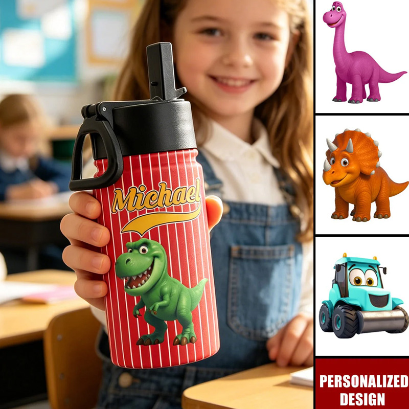 Personalized Kids Dinosaur Vehicles Water Bottle Custom Name Cute Green And Red Stripe T Rex And Triceratops Back To School Cup