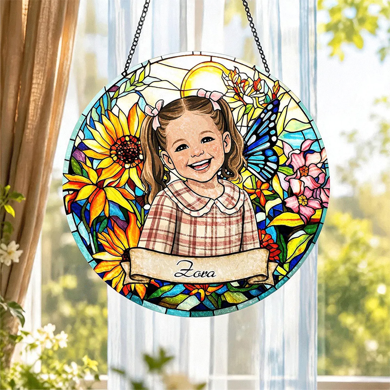 Personalized Kid's Photo and Name Portrait Stained Glass Floral Kids Name Keepsake Window Hanging Suncatcher