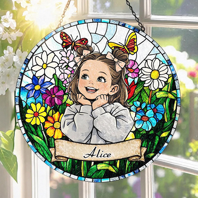 Personalized Photo Portrait Stained Glass Colorful Garden Flowers Butterfly Kids Name Keepsake Window Hanging Suncatcher