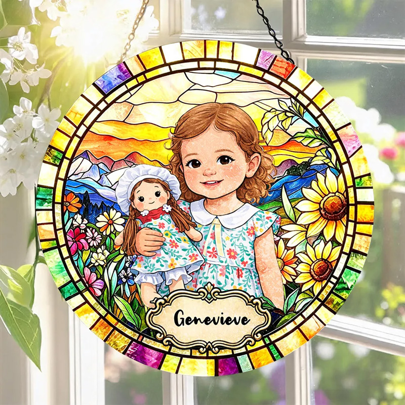 Personalized Photo Portrait Stained Glass Rainbow Border Girl With Doll Colorful Name Keepsake Window Hanging Suncatcher