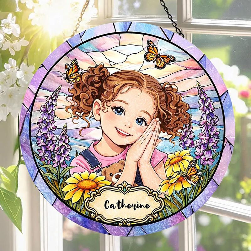 Personalized Photo Portrait Stained Glass Pastel Sky Flowers Butterflies Girl Name Keepsake Window Hanging Suncatcher