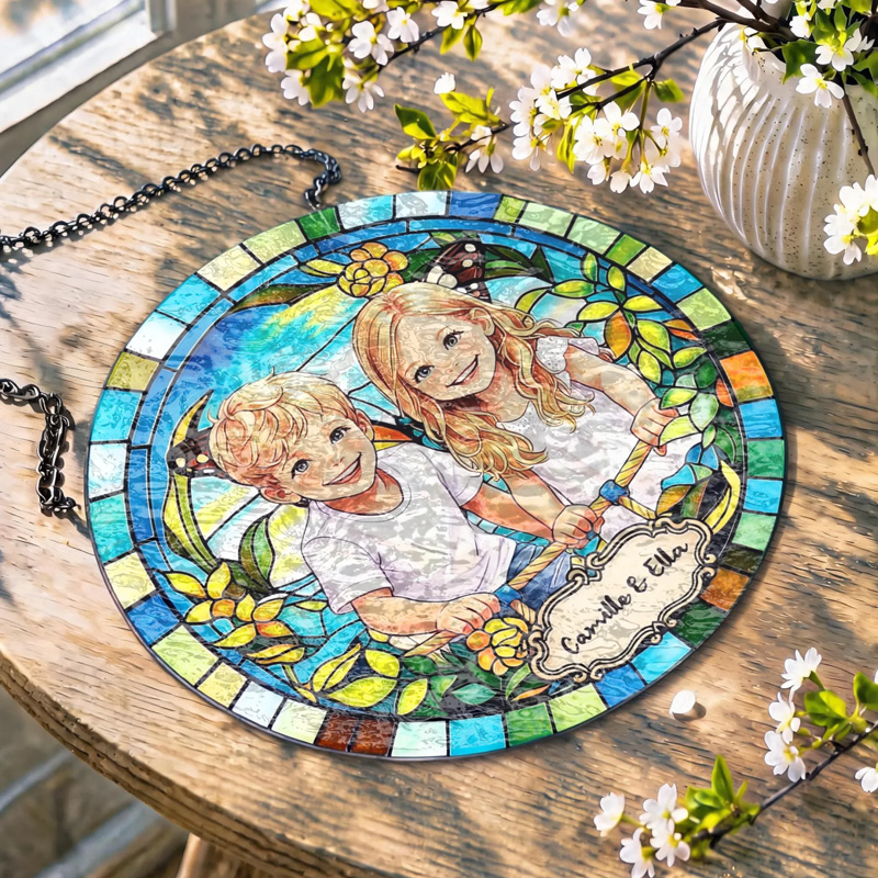 Personalized Photo Portrait Stained Glass Siblings In Garden Blue Green Border Kids Names Keepsake Window Hanging Suncatcher