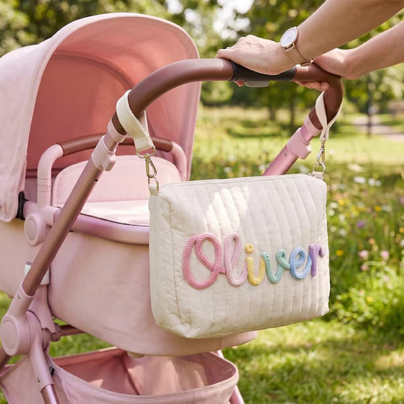 Personalized Quilted Baby Stroller Diaper Bag With Custom Rainbow Name Patch For Mom And Kids
