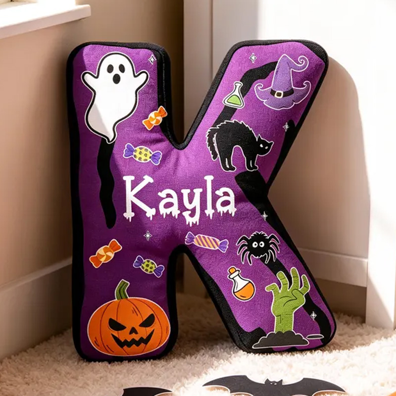 Personalized Halloween Alphabet Initial Name Cushion With Cute Ghost Pumpkin Spider Bat And Candy Kids Bedroom Decorative 3D Print Pillow