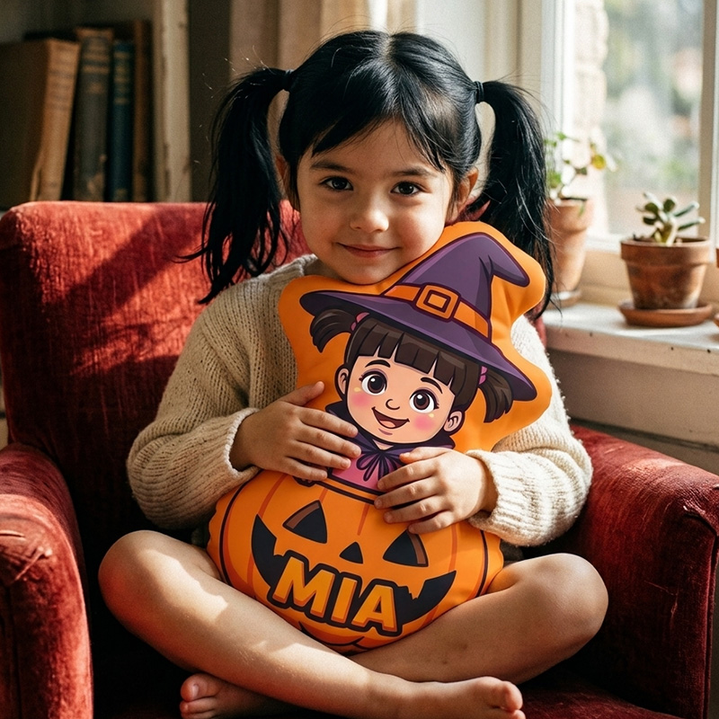 Personalized Halloween Girl Witch With Pumpkin Bucket Custom Name and Photo Kids Room Decoration Throw Cushion 3D Print Pillow