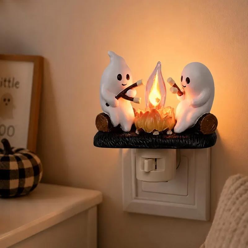 Personalized Halloween Ghost Campfire Plug In Night Light With Cozy Warm Glow Kids Bedroom Nursery Decor