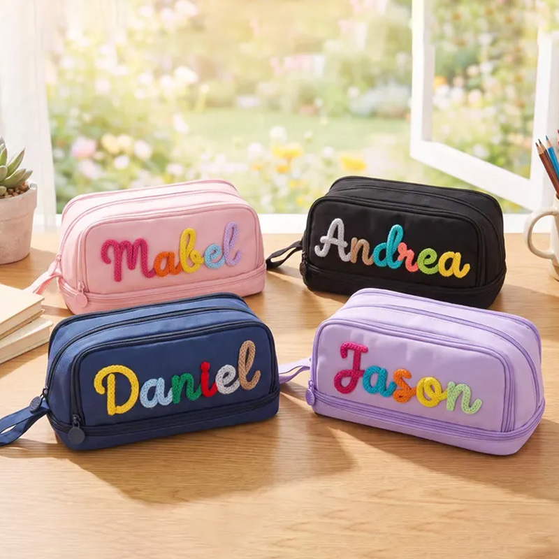 Personalized Rope Embroidery Name Pencil Case Cute Zipper Stationery Storage Bag For Kids School And Office