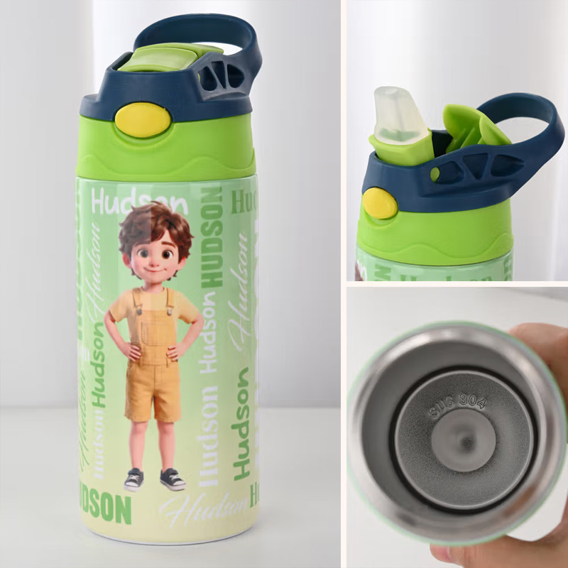 Personalized Cartoon Character BPA-Free Transparent or Insulated Water Bottle with Straw and Name Back to School Gift for Kids