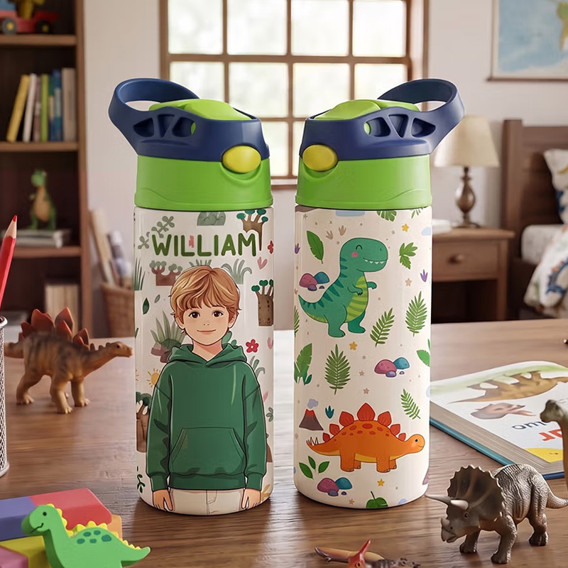 Personalized Multicolor Excavator Animal 12 oz Insulated Kid Water Bottle with Name and Photo Back to School Birthday Gift for Boys Girls Kids