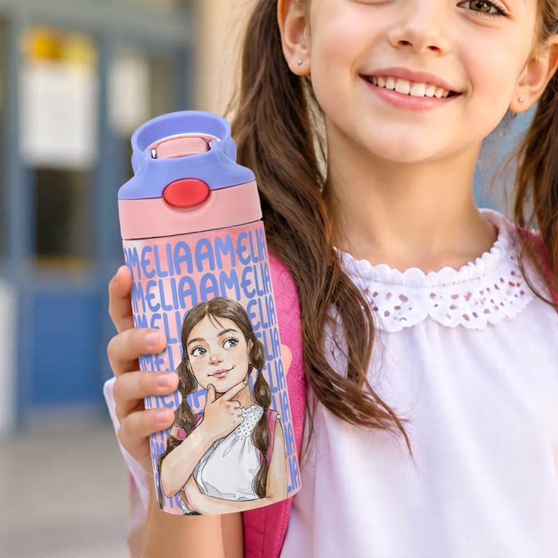 Personalized Watercolor Style Photo 12 oz Insulated Water Bottle with Name and Straw Daily Use Back to School Birthday Gift for Kids Boys Girls