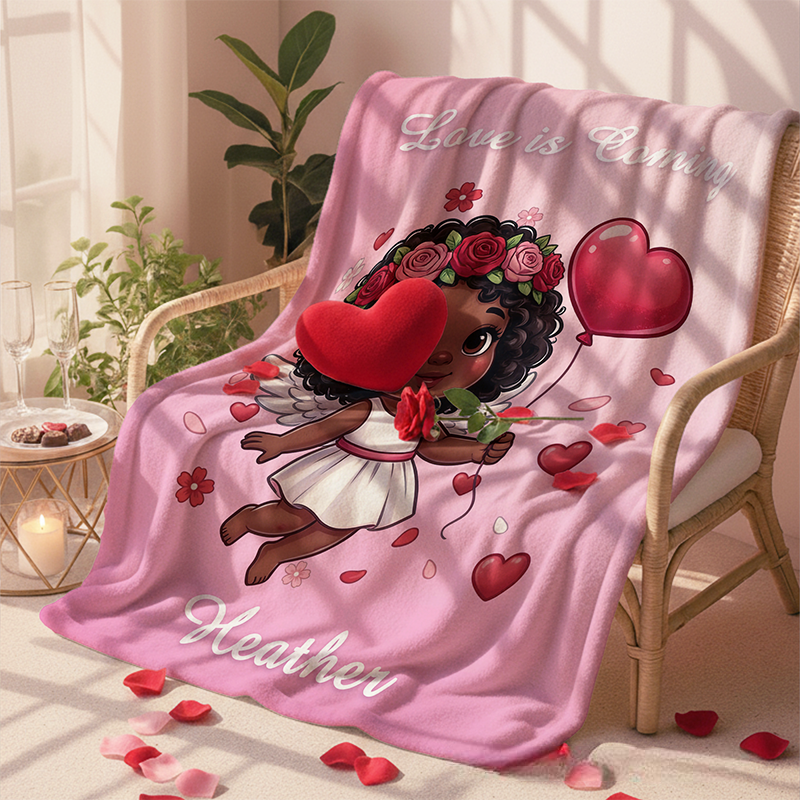 Personalized Name Valentine's Angel Pink Blanket Flannel Sherpa Throw for Bed Couch Home Decor Anniversary Valentine's Day Gift for Couples
