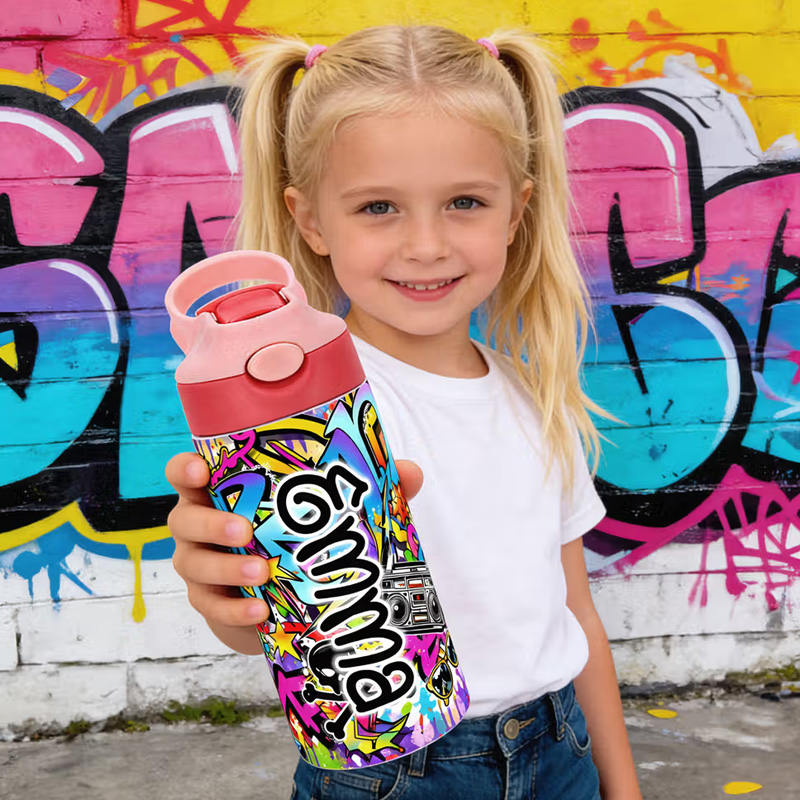 Personalized Graffiti Style 12 oz Insulated Kid Water Bottle with Name and Straw Back to School Birthday Gift for Boys Girls