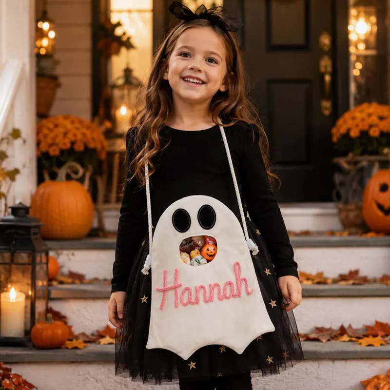 Personalized Rope Embroidery Ghost Halloween Candy Bag Custom Name Trick or Treat Bucket