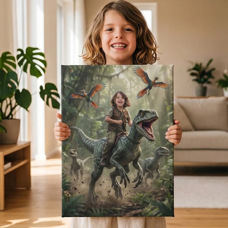 Personalized Dinosaur Adventure Canvas Custom Photo Kid Riding Raptor Jungle Wall Art For Boys Room Decor