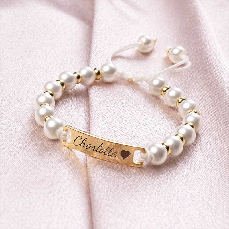 Personalized Baby Name Pearl Bracelet Custom Engraved Gold Bar Newborn Baptism Gift Keepsake For Girls Boys