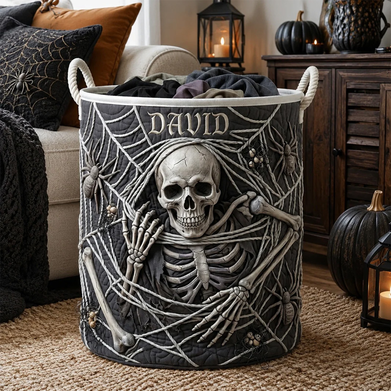 Personalized Halloween Skeleton Laundry Basket Spooky Skull Storage Bin Custom Name Clothes Hamper For Home Gift for Kids