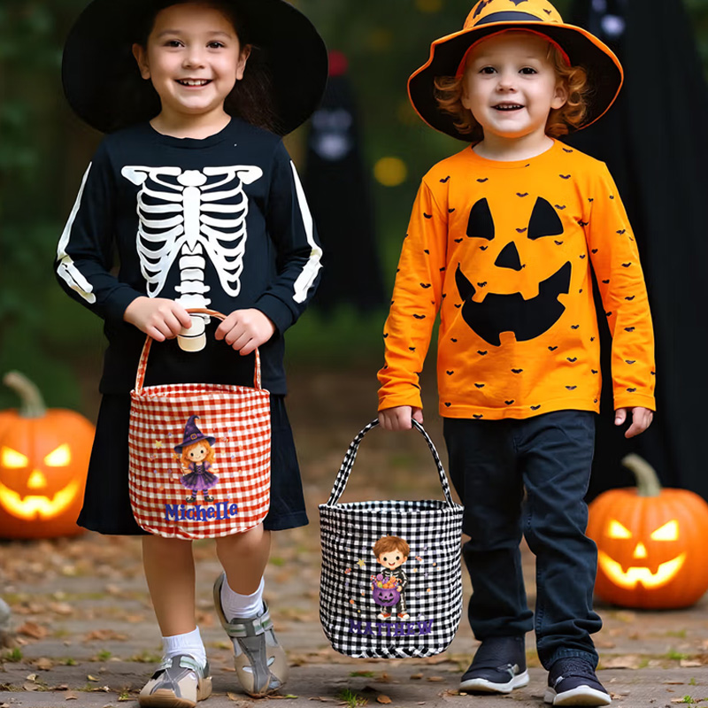 Personalized Halloween Trick Or Treat Bag Gingham Vampire Candy Bucket Custom Name Reusable Kids Treat Tote
