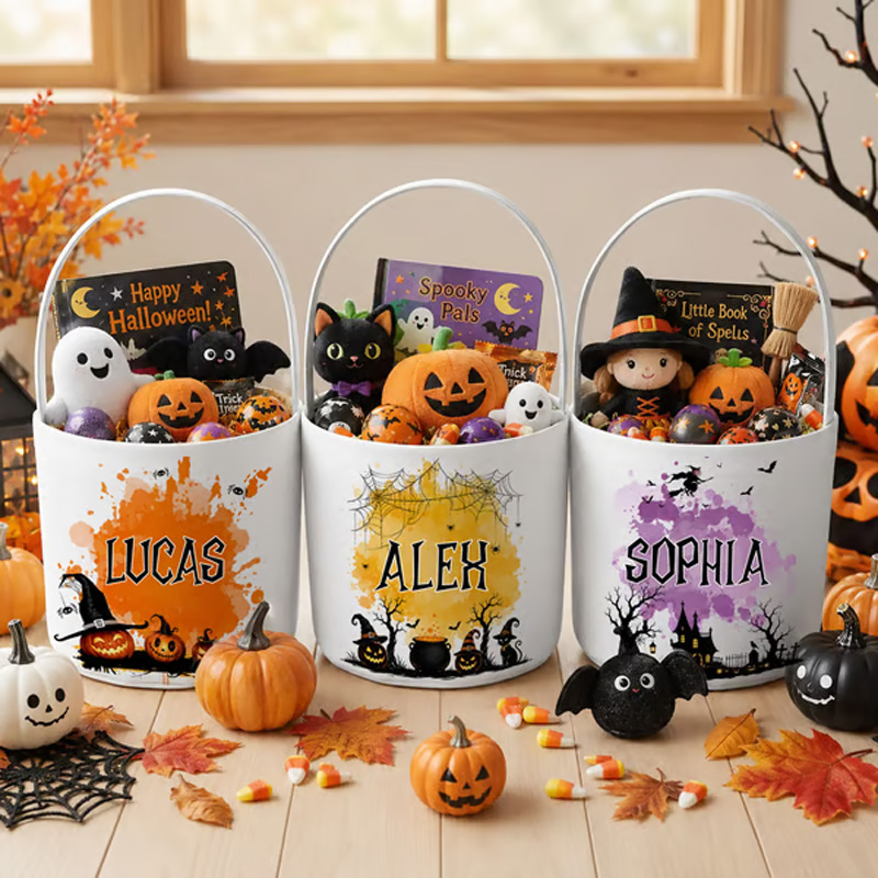 Personalized Halloween Trick Or Treat Bucket Custom Candy Pail With Name Reusable Kids Pumpkin Ghost Treat Tote