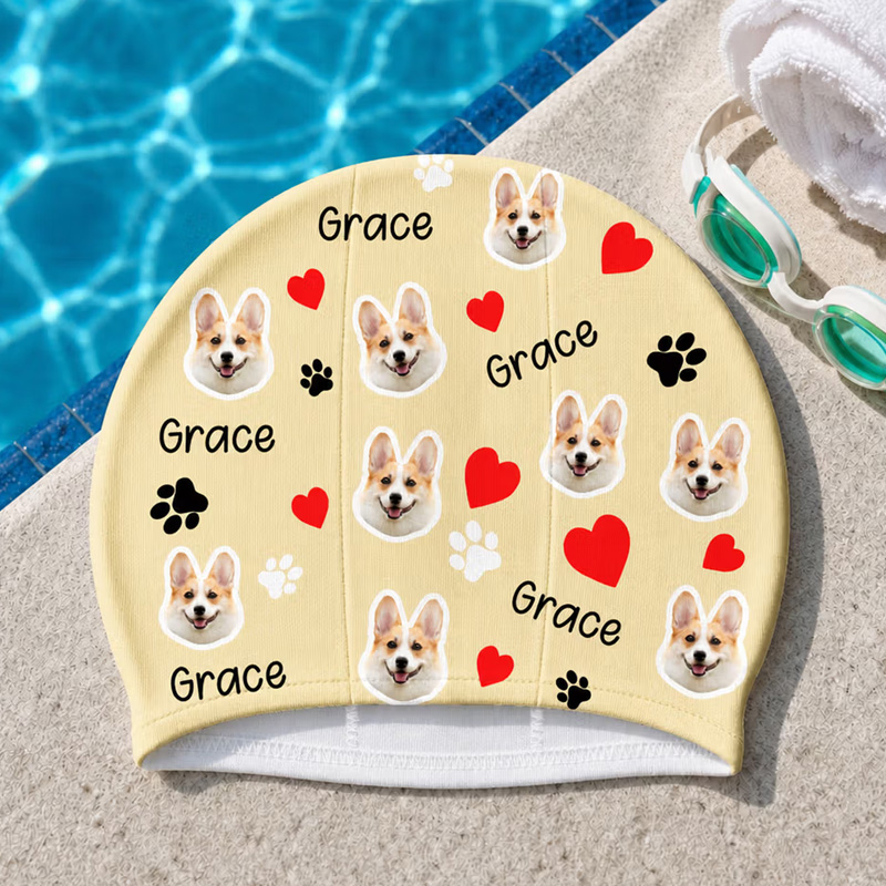 This custom swimming cap supports personalized printing featuring face portraits or pet portraits, hearts, paw prints, and custom names. The funny and colorful pattern creates a distinctive look when swimming at the pool or seaside. The vivid print mainta