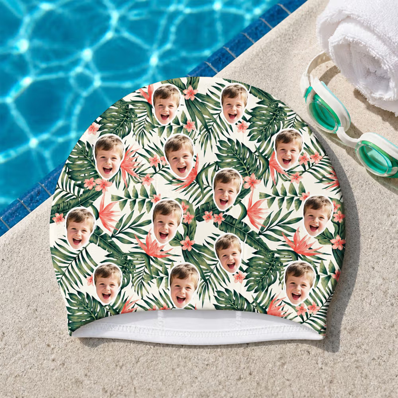 Personalized Hawaii Style Flower Leaf Face Photo Comfortable Swim Cap Swimming Accessory Birthday Pool Party Gift for Kids