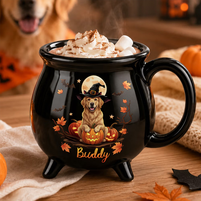 Personalized Halloween Style Pet Photo Pumpkin Cauldron Ceramic Coffee Mug with Name and Handle Halloween Party Birthday Gift for Pet Owners Lovers