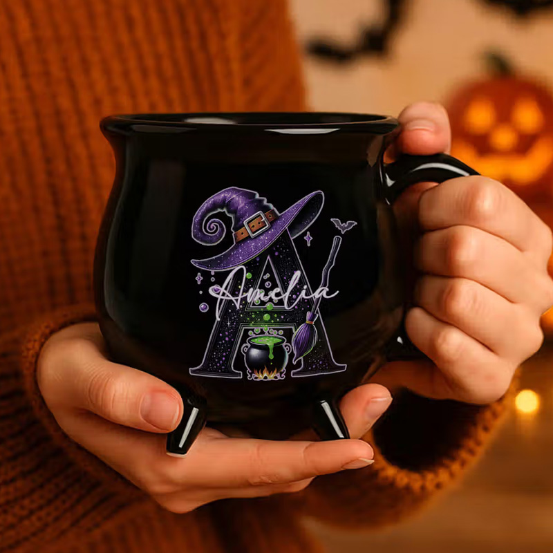 Personalized Magic Pot and Witch Hat Glitter Initial Black Cauldron Ceramic Coffee Mug with Name Trick or Treat Halloween Party Gift for Women Kids