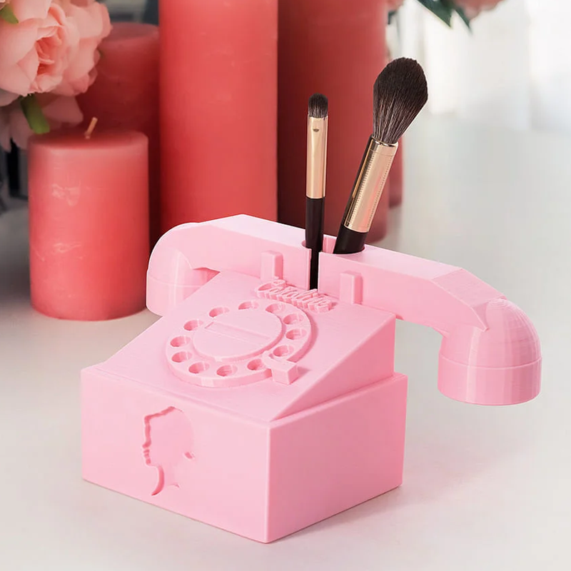 Personalized 3D Pink Doll Inspired Telephone Design Brush Holder with Name Desk Decoration Birthday Gift for Girls Kids