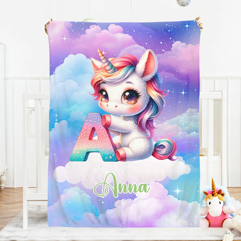 Personalized Gradient Dreamy Dream Horse Initial Design Soft Throw Blanket with Name Room Decor Christmas Gift for Women Girls