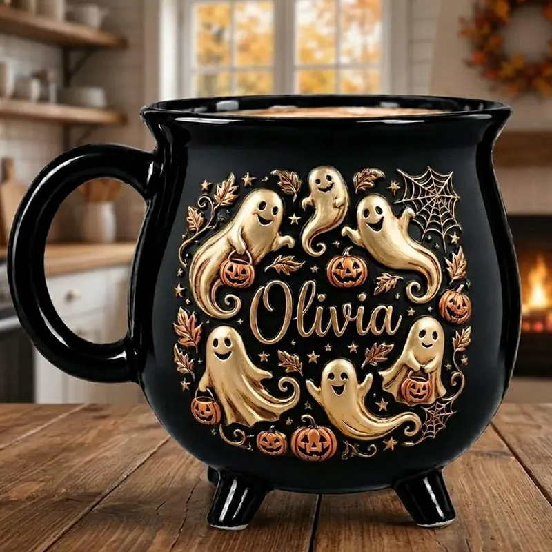 Personalized Halloween Ghost Pumpkin Custom Name Cozy Autumn Spooky Fall Gift Pumpkin Cauldron Ceramic Coffee Mug