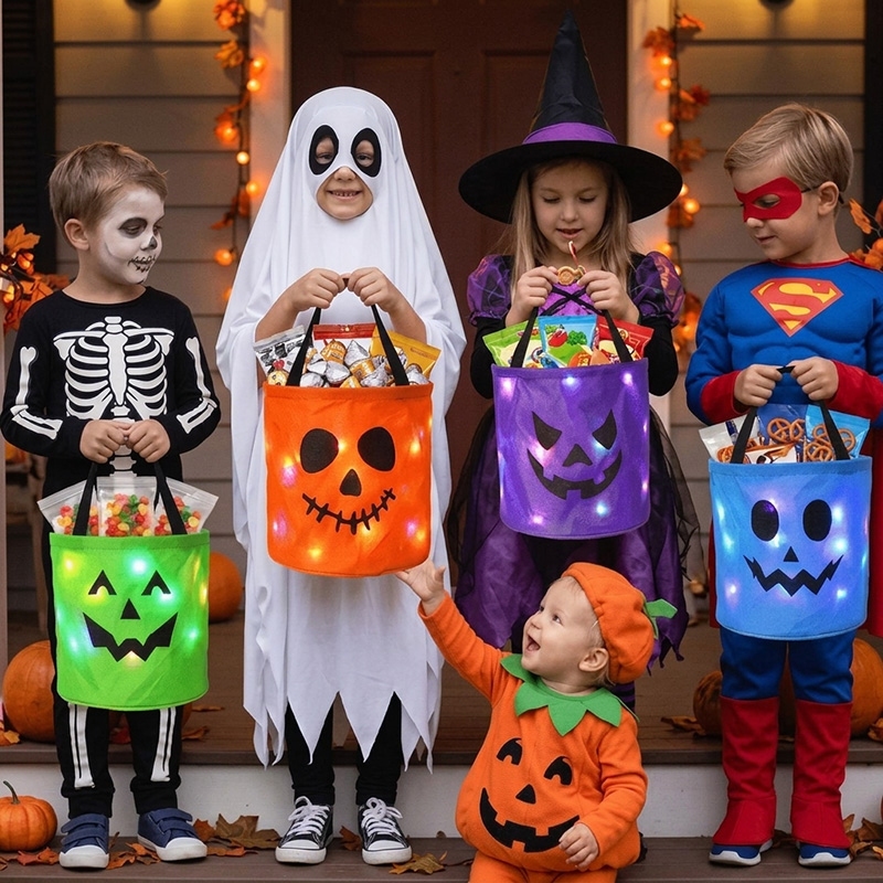 Personalized Halloween Led Light Up Pumpkin Candy Bucket Custom Name Glow In Dark Trick Or Treat Bag