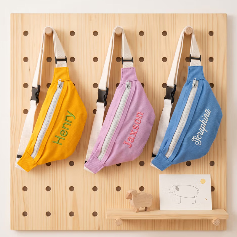 Personalized Embroidery Name Colorful Canvas Kids Crossbody Waist Bag Daily Use Children's Day Birthday Gift for Boys Girls