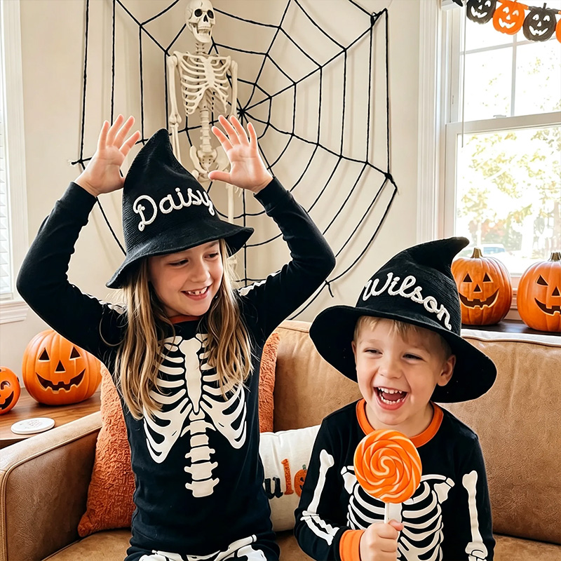 Personalized Kids Witch Hat Custom Name Halloween Costume Accessory Matching Sibling Black Pointed Hat