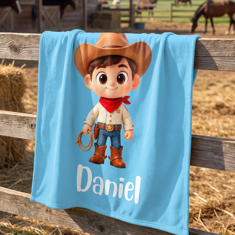 Personalized Cactus Cartoon Character Photo Soft Throw Blanket with Name Home Decor Birthday Gift for Kids Cowgirls Cowboys