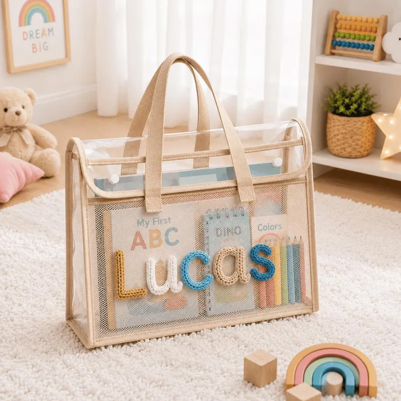 Personalized Rope Embroidery Kids Learning Tote Bag Custom Name Storage For Books Toys School And Travel