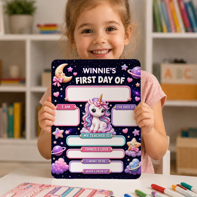 Personalized Fantasy Cartoon Theme First Day of Acrylic School Sign Board with Name and Pen School Supplies Back to School Gift for Students