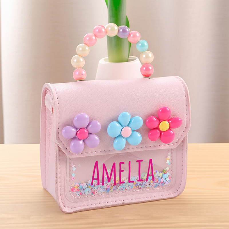 Personalized Kids Crossbody Flower Purse Custom Name Glitter Handbag Rainbow Beaded Handle Gift for Gilr