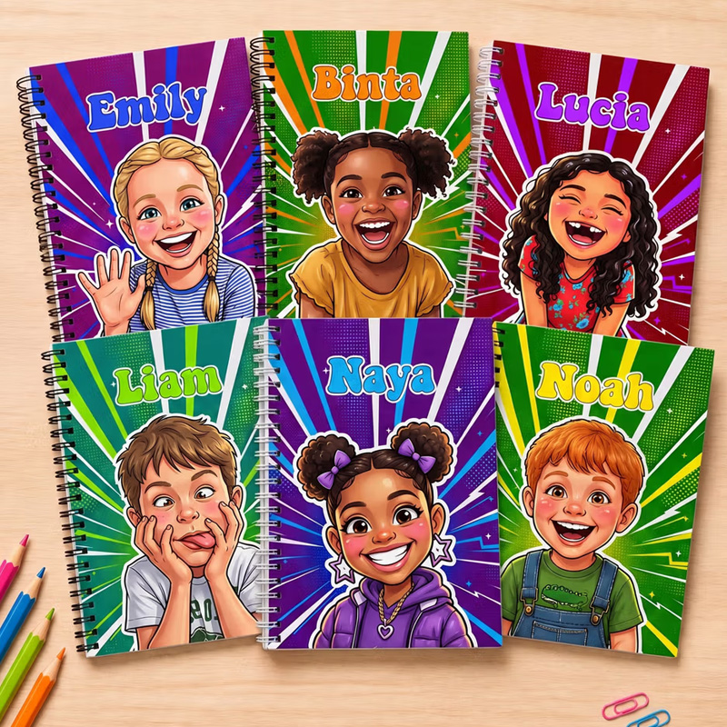 Personalized Comic-Style Photo Character A5 Spiral Journal Notebook with Name Daily Use Birthday Gift for Boys Girls Kids