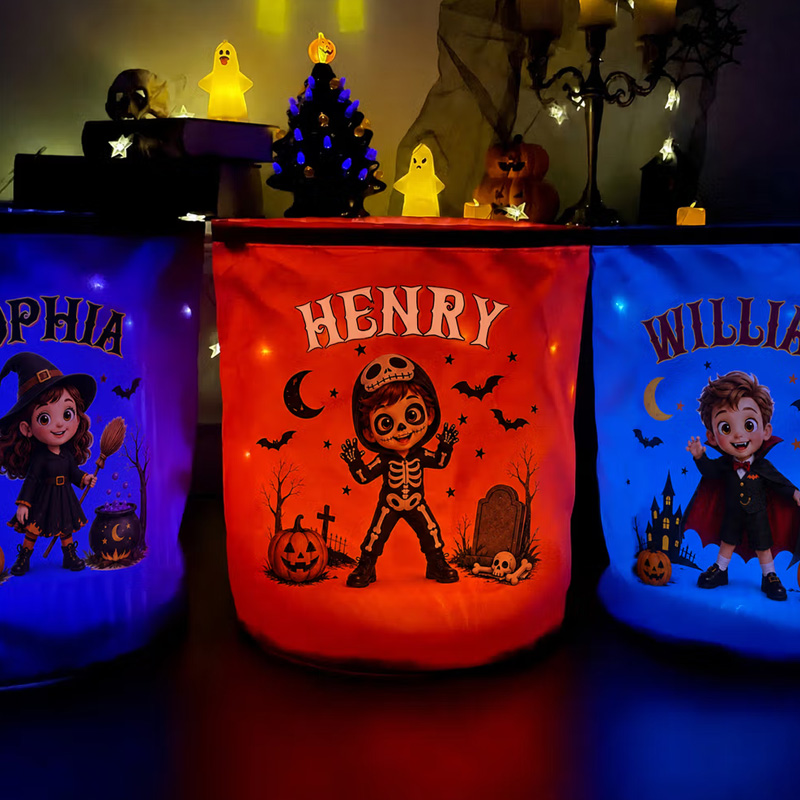Personalized Halloween Theme Photo Cartoon Character LED Light Bucket Bag with Name Halloween Trick or Treat Activity Gift for Boys Girls