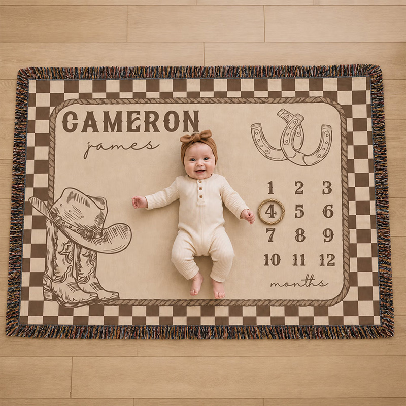 Personalized Baby Cowboy Milestone Blanket Custom Name Western Month Tracker Soft Photo Prop Rug
